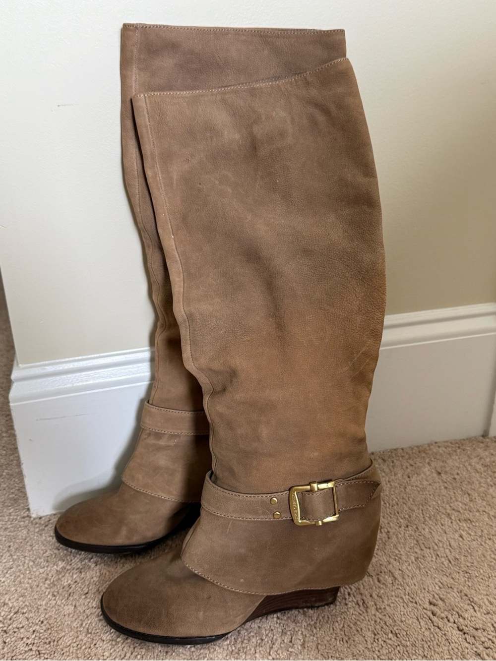 Vince Camuto Taupe Over-the-Knee Wedge Boots with Gold Buckle - Picture 2 of 8